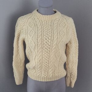 Ellis OG Handknit Wool Cream Cable Knit Sweater Made In Ireland Kids Unisex